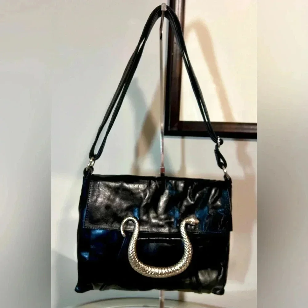 EUC JOCASI Black Leather Adjustable Strap Shoulder/Crossbody Bag W/Snake Accent - Picture 1 of 10